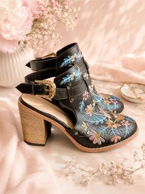 Black Floral Embroidered Studded Block Heel Booties Cowgirl Chic Boho Western